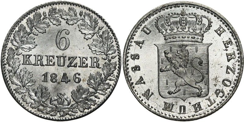 E423 J.47 Nassau 6 Kreuzer 1846 Adolph 1839 1866 Prachtexemplar