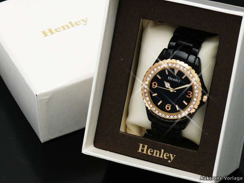 HENLEY Glamour Damenuhr,trend Keramik Optik Uhr in Schwarz/Gold mit