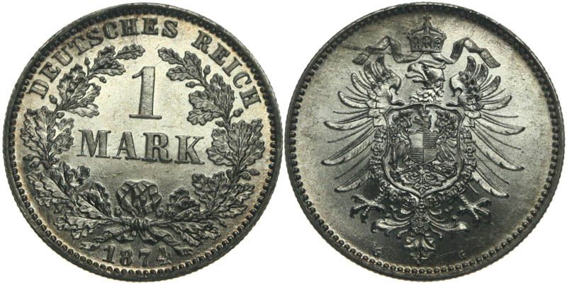 B946 J.9 Deutsches Reich 1 Mark 1874 G Prachtexemplar