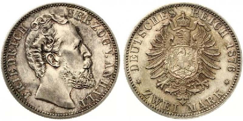 A783 J.19 Anhalt 2 Mark 1876 Friedrich I. 1871 1904