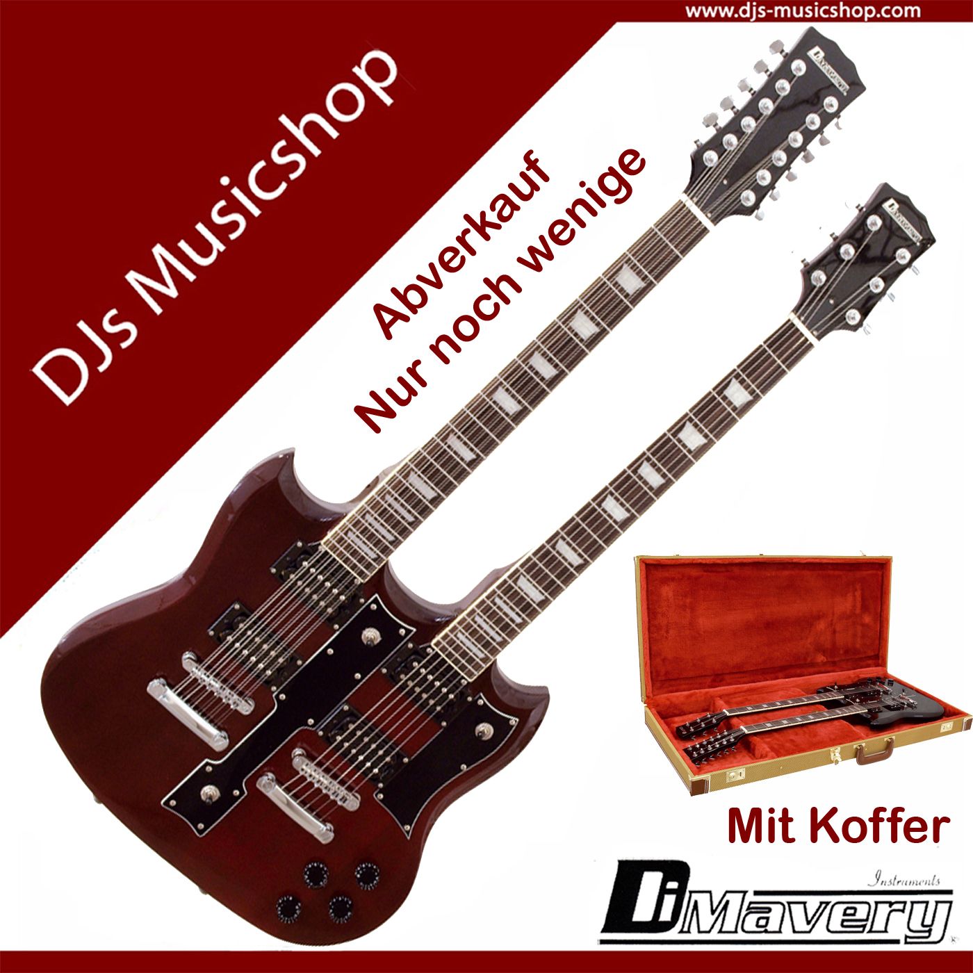 DiMavery E Gitarre DN 504 weinrot Doubleneck mit Case