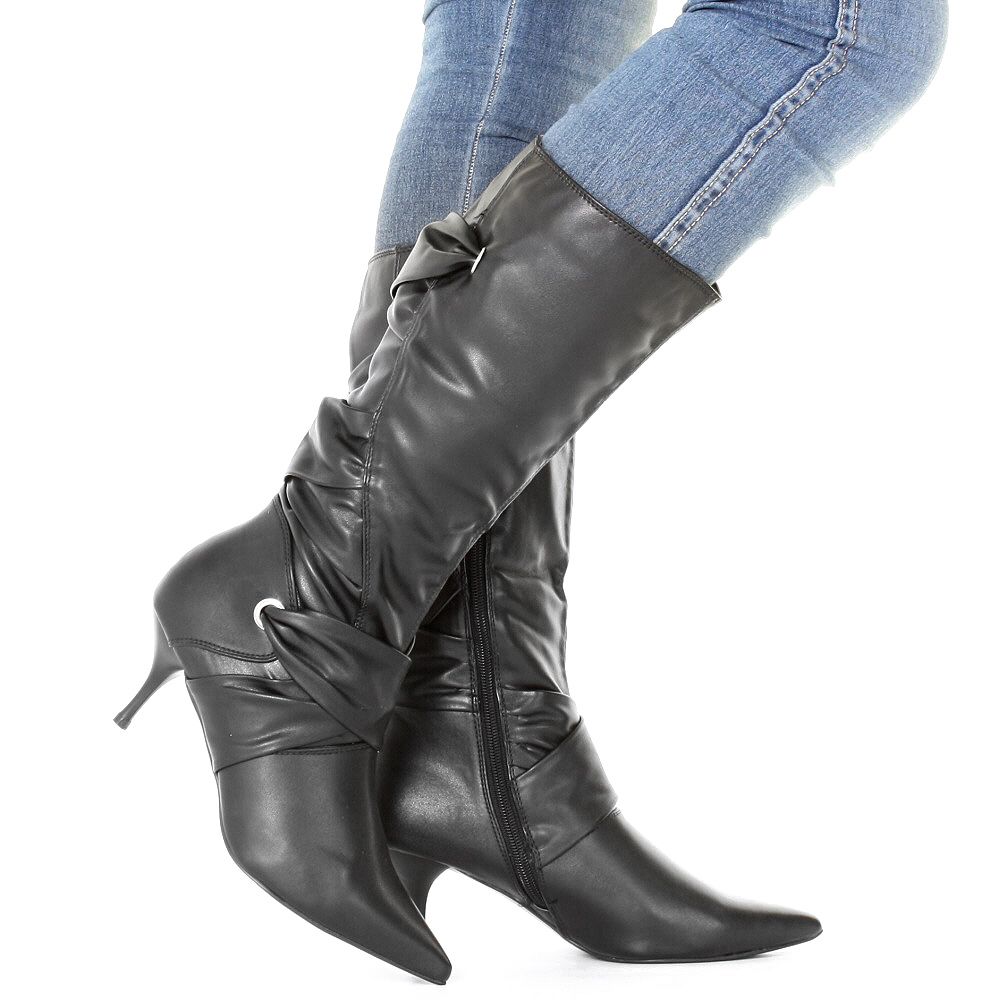 Stiefel Damen Halbhoch Schwarz Wadenlang Kitten Absatz Spitz Zulaufend