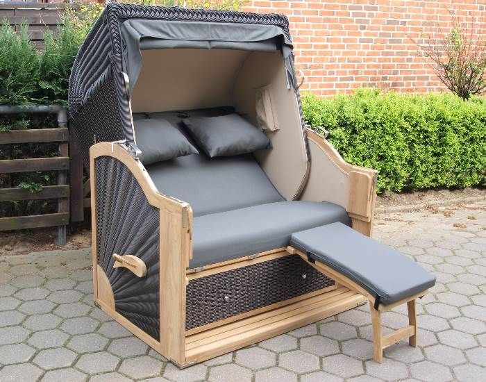 Teak Strandkorb PE JUMBO 140cm *ATEJA* Anthrazit Polyrattan Beachchair