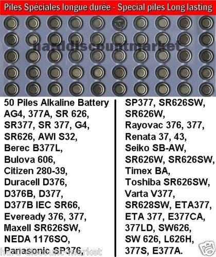 Lot 50 Piles AG4 LR626 LR626SW 377A SR 626 SR377 G4