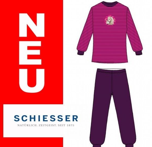 Schiesser Pferde Schlafanzug lang warm 128 140 152 Pferd Ringel pink #