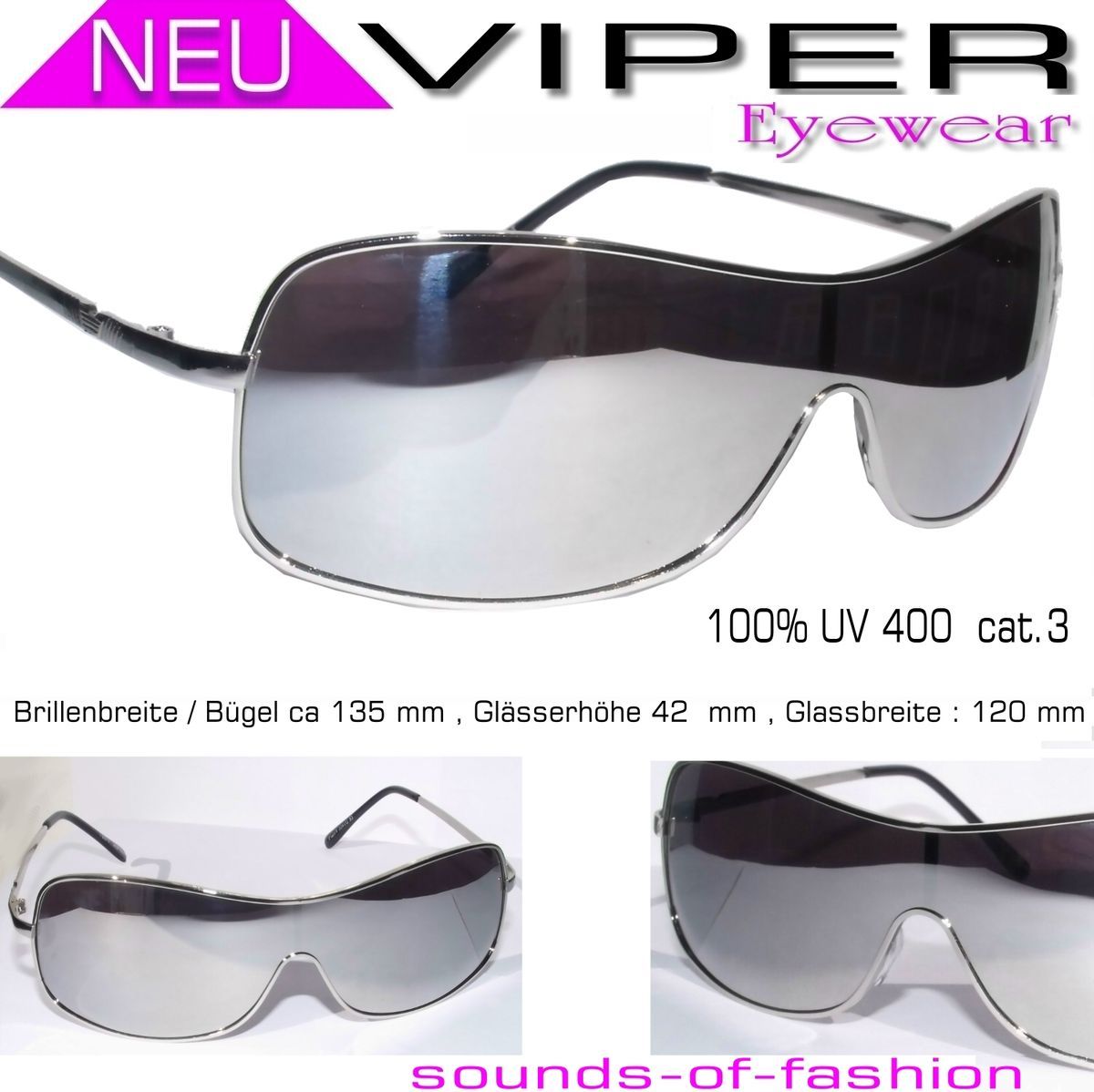 COOLE DAMEN SONNENBRILLE SPIEGELBRILLE SILBER CHROM VERSPIEGELT VIPER