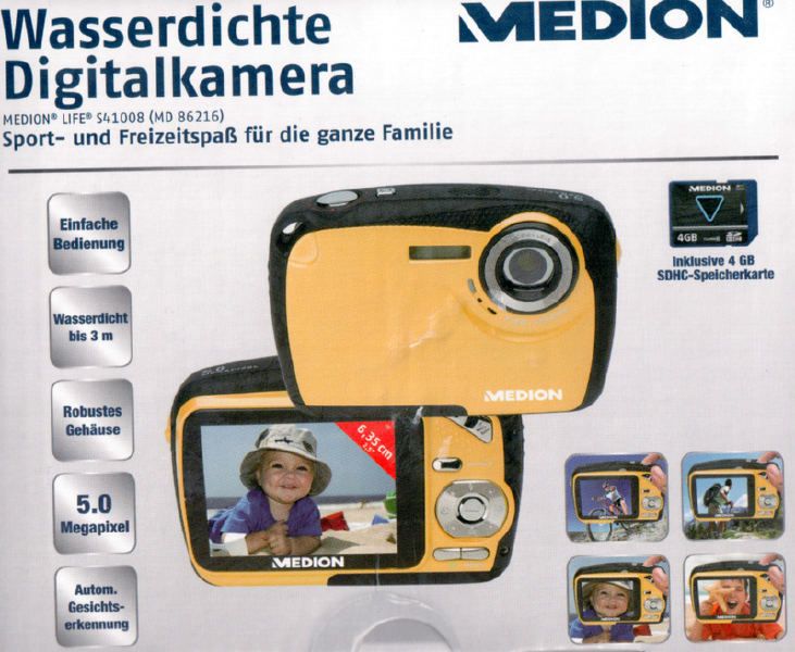 Medion S41008 5.0 MP Wasserdichte Digitalkamera   Gelb, + 4GB SDHC