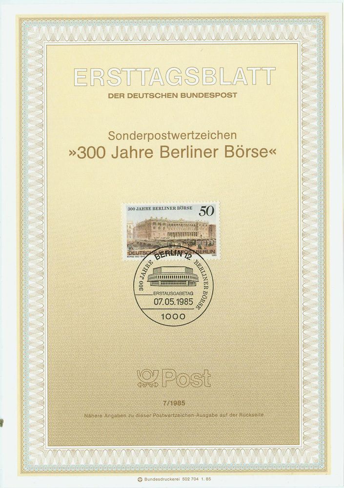Berlin West Ersttagsblatt 1985 Berliner Börse Mi 740