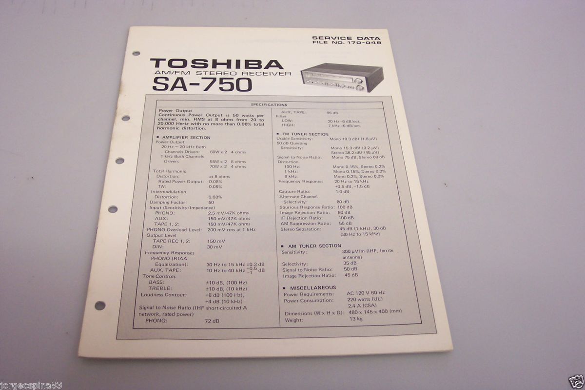 TOSHIBA SA 750 STEREO RECEIVER SERVICE MANUAL H/C