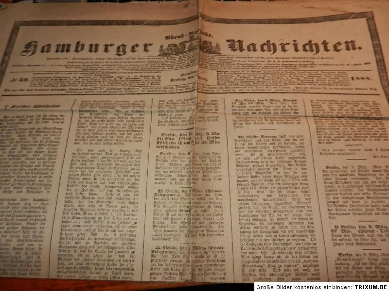 TOD KAISER WILHELM 3 KAISERJAHR 9.03.1888 HAMBURGER NACHRICHTEN