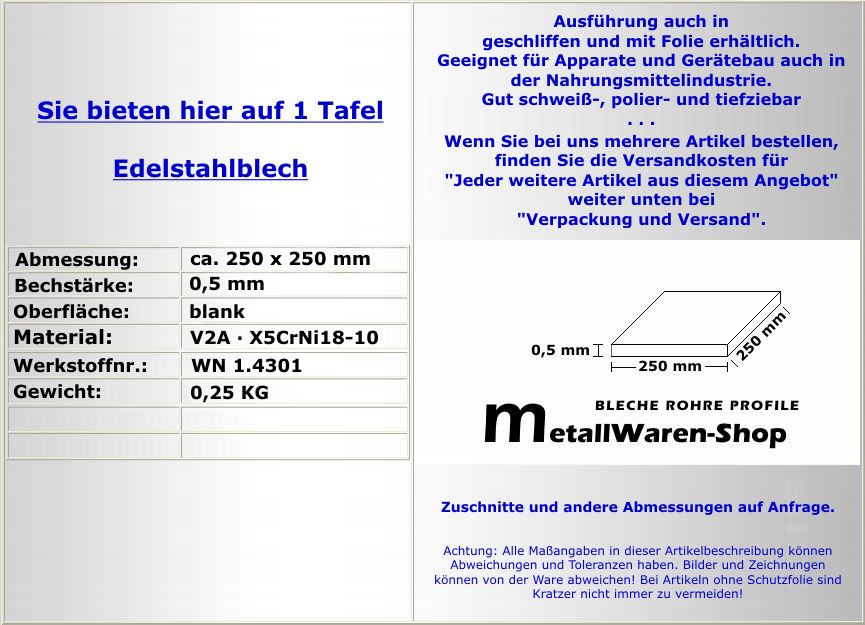 V2A Stahlblech 250x250x0,5 mm V2A Blech Niro / 797