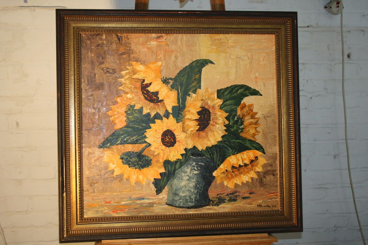 ALTES GEMALDE OL AUF LEINWAND SONNENBLUMEN IN VASE GERAHMT UNLESERLICH