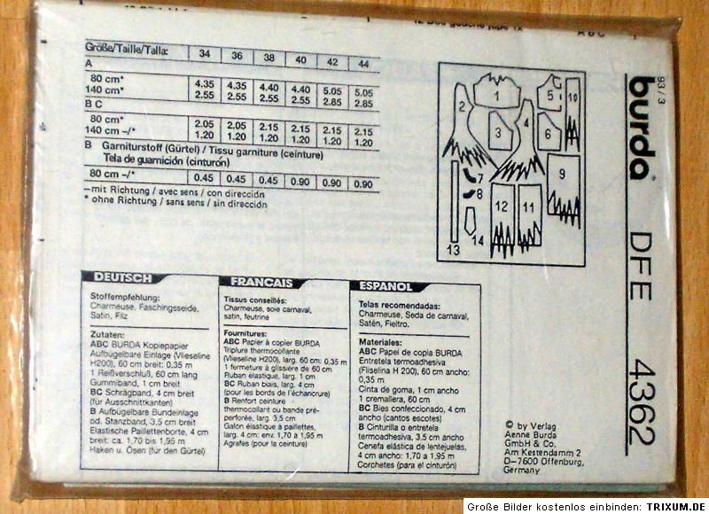 Burda Fasching 3 x Fantasy Kostüm 4362 Gr.34 44